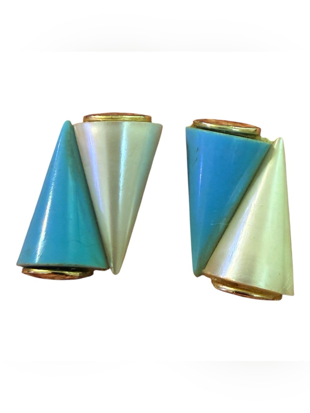 Fab Blue and White Angular Clip On Earrings, 80’s Statement Jewelry, 1.5” Long